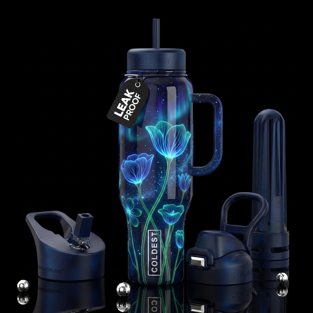 Bioluminescent cup flowers, glowing blue centers w... water bottle design