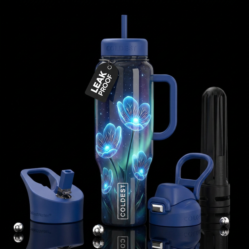 Bioluminescent cup flowers, glowing blue centers w... water bottle design