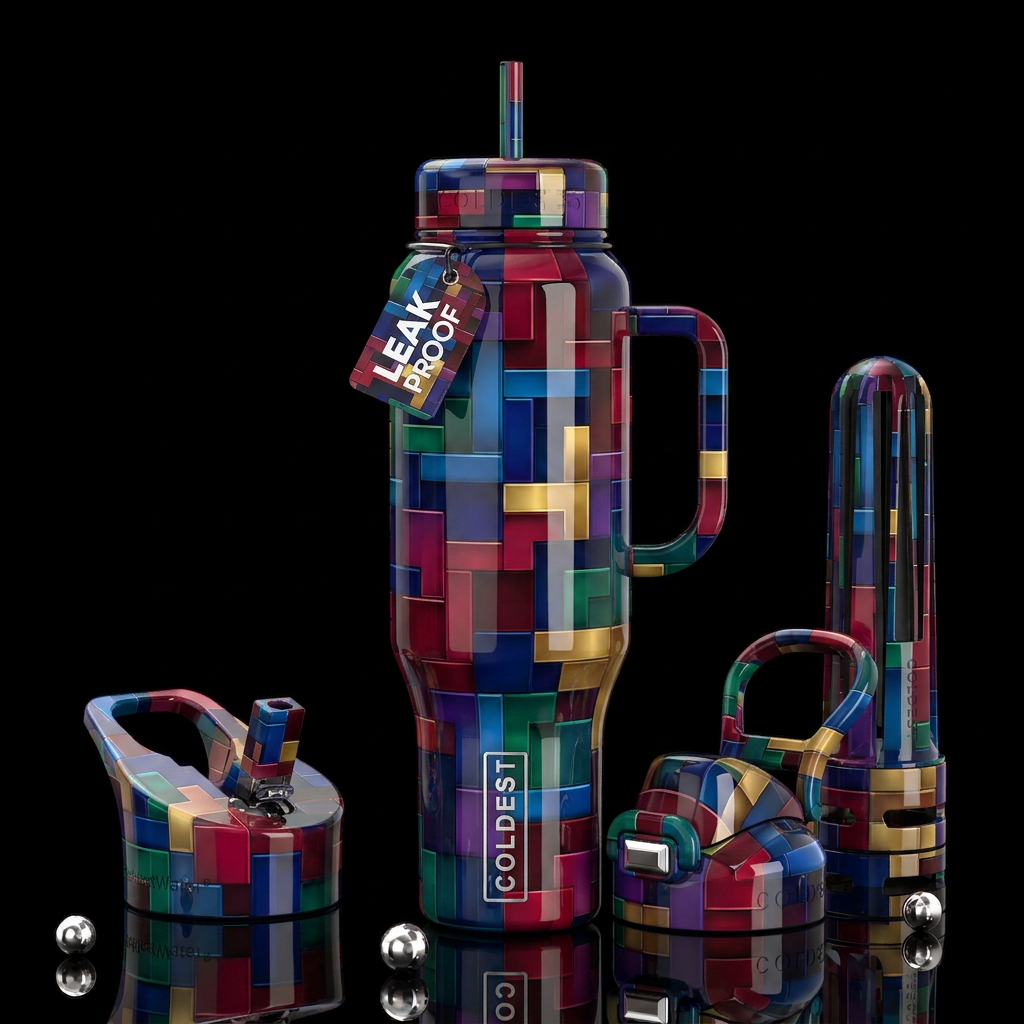 Block party, glossy, trompe-l'œil, beautiferous water bottle design