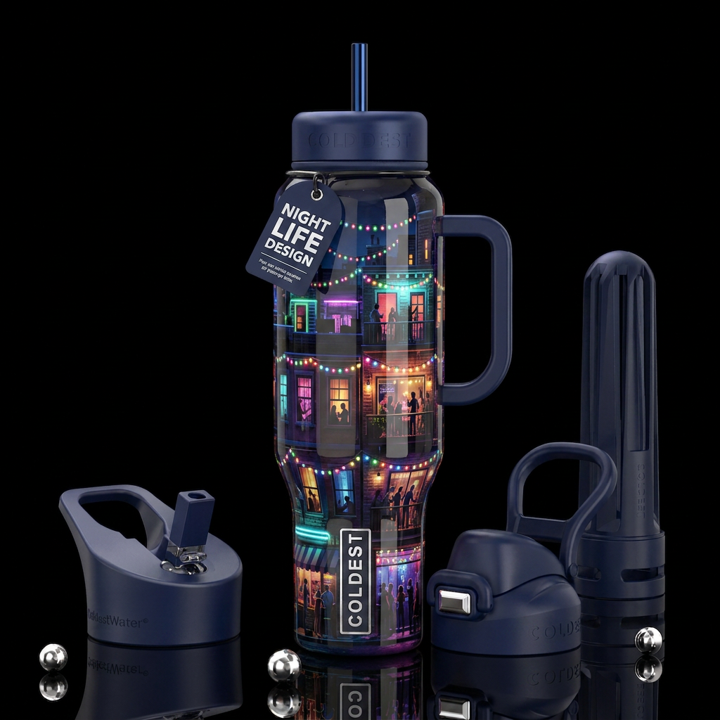 Blockparty at night, glossy, trompe-l'œil, beautif... water bottle design