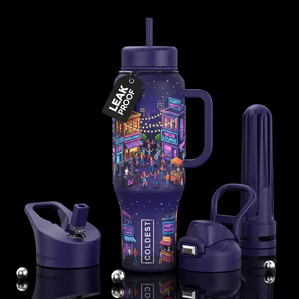 Blockparty at night, glossy, trompe-l'œil, beautif... water bottle design