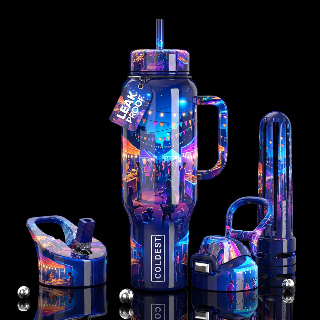 Blockparty at night, glossy, trompe-l'œil, beautif... water bottle design