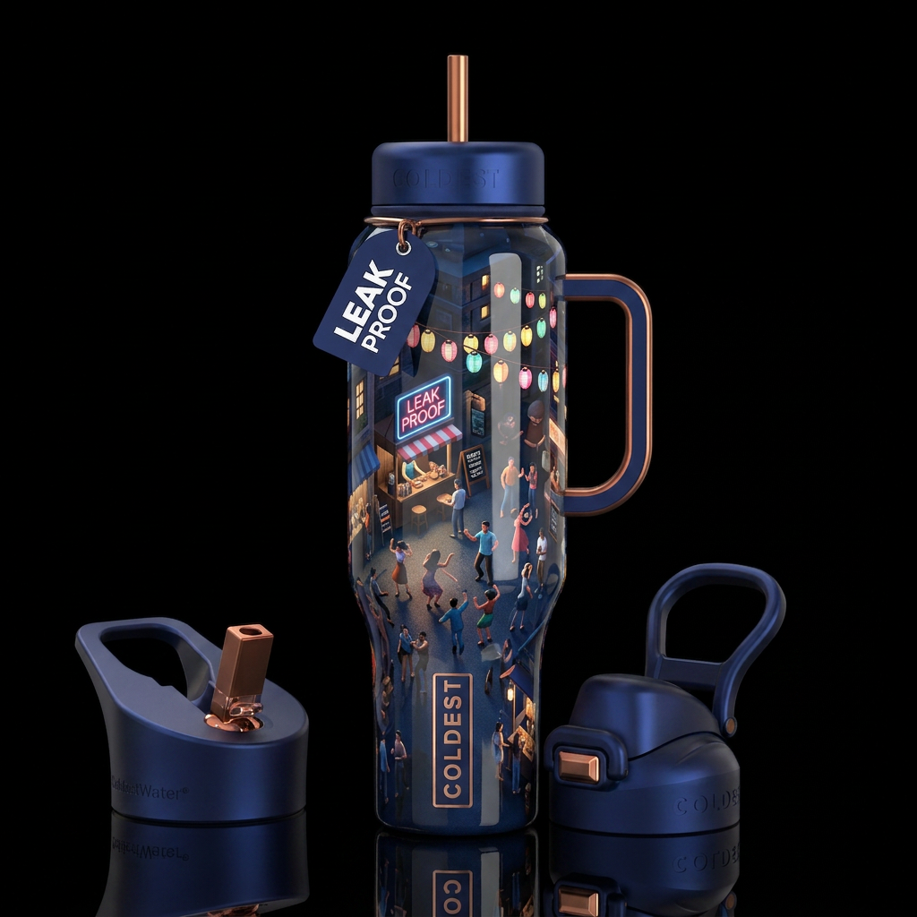 Blockparty at night, glossy, trompe-l'œil, beautif... water bottle design