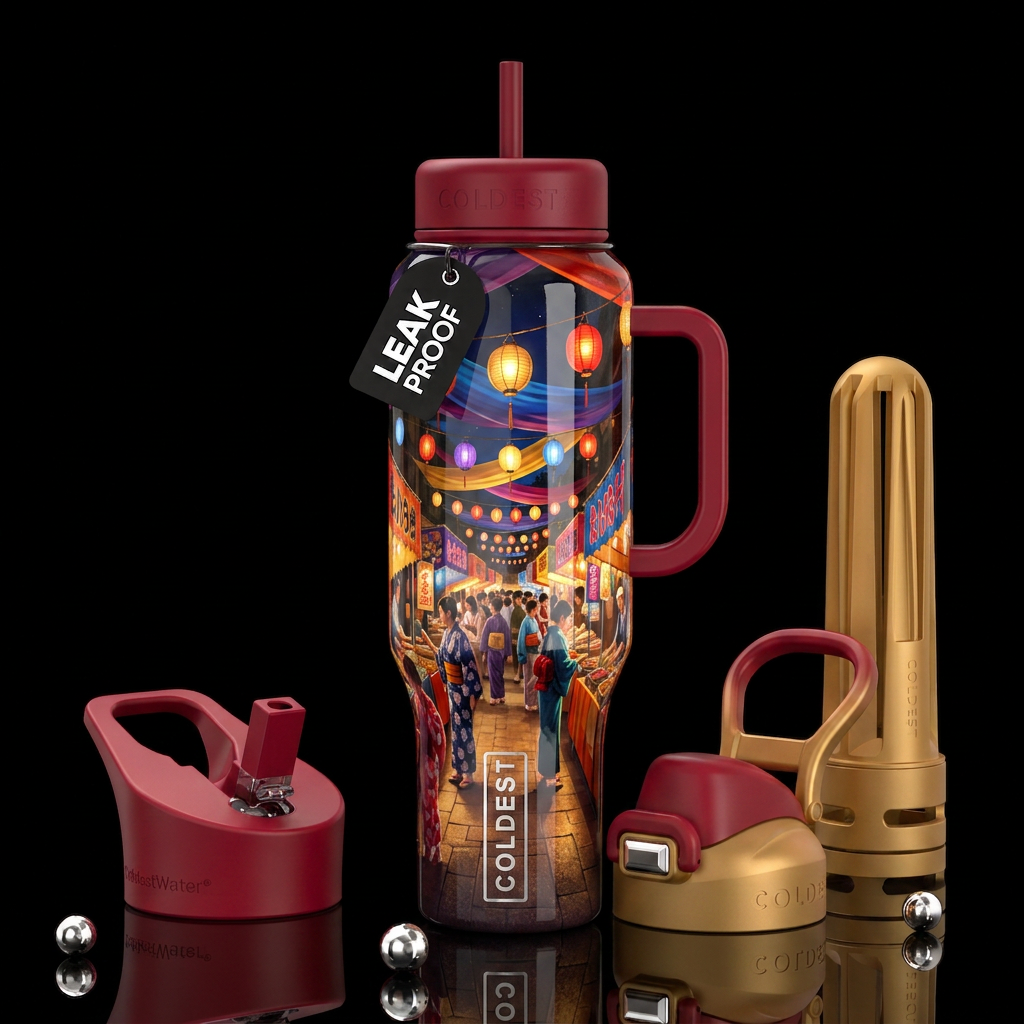 Town square festival at night, glossy, trompe-l'œi... water bottle design