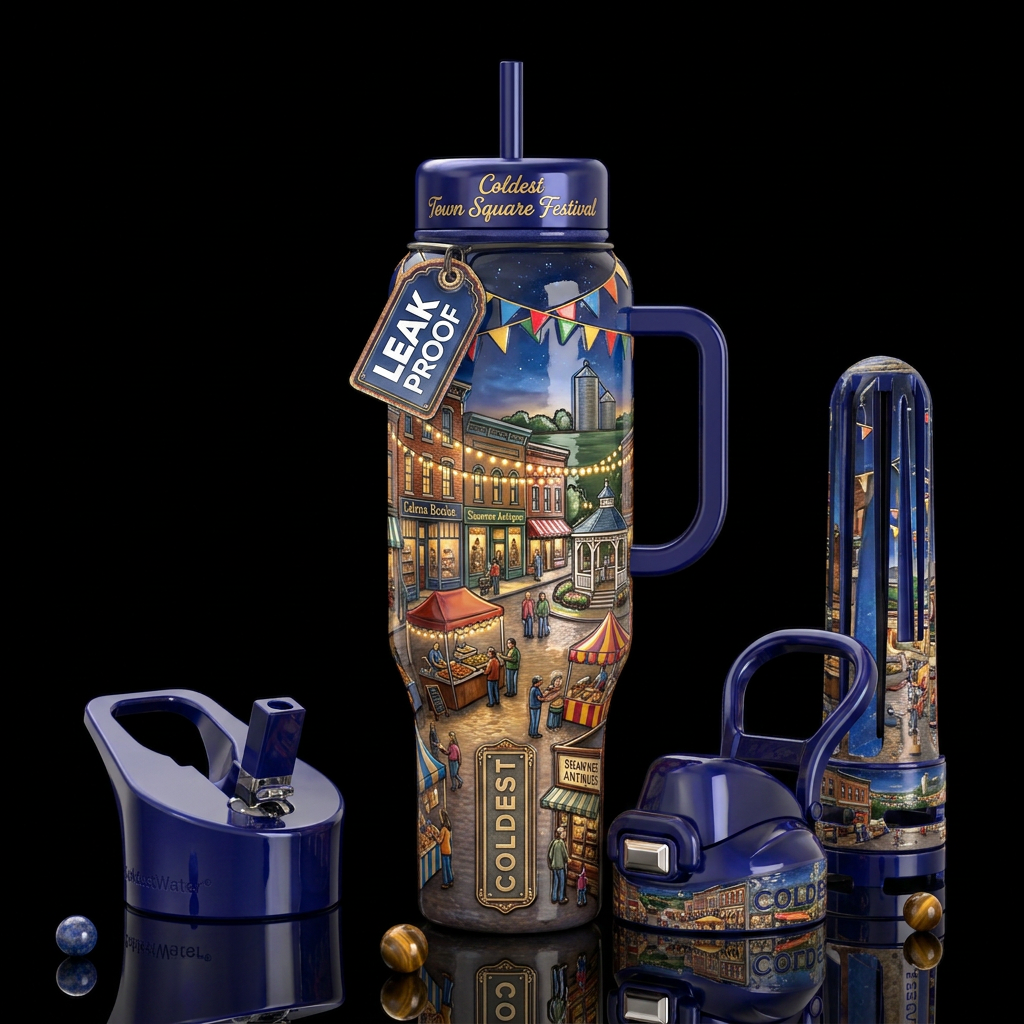 Illinois Town square festival at night, glossy, tr... water bottle design