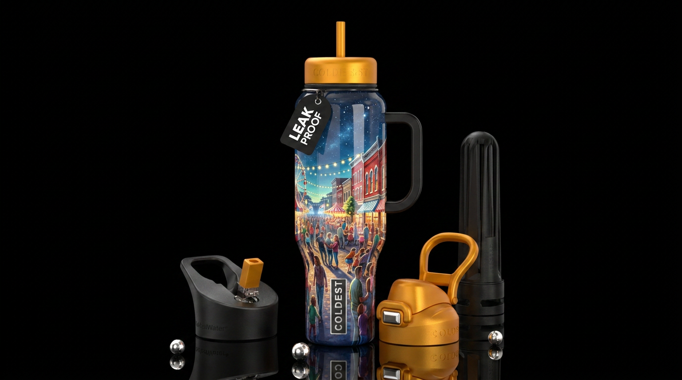 Illinois Town square festival at night, glossy, tr... water bottle design