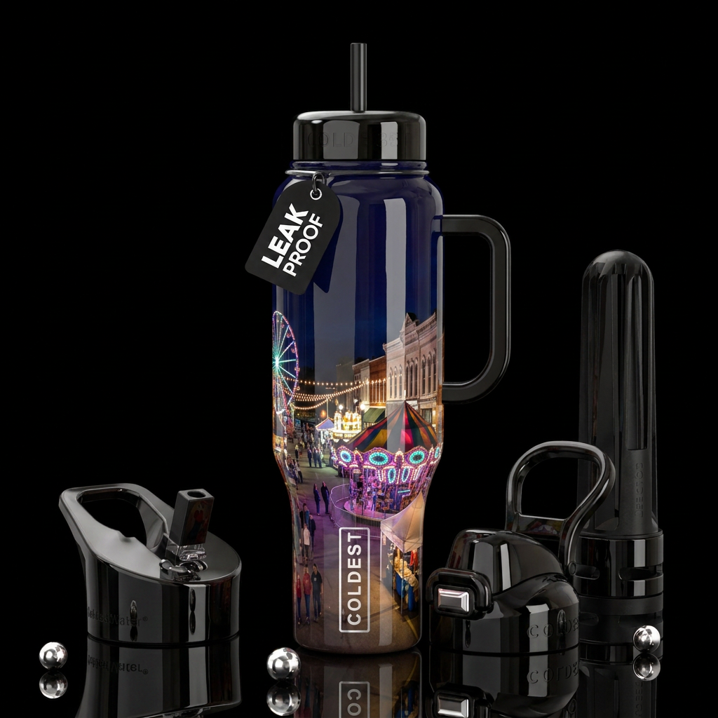 Beardstown Illinois Town square festival at night,... water bottle design