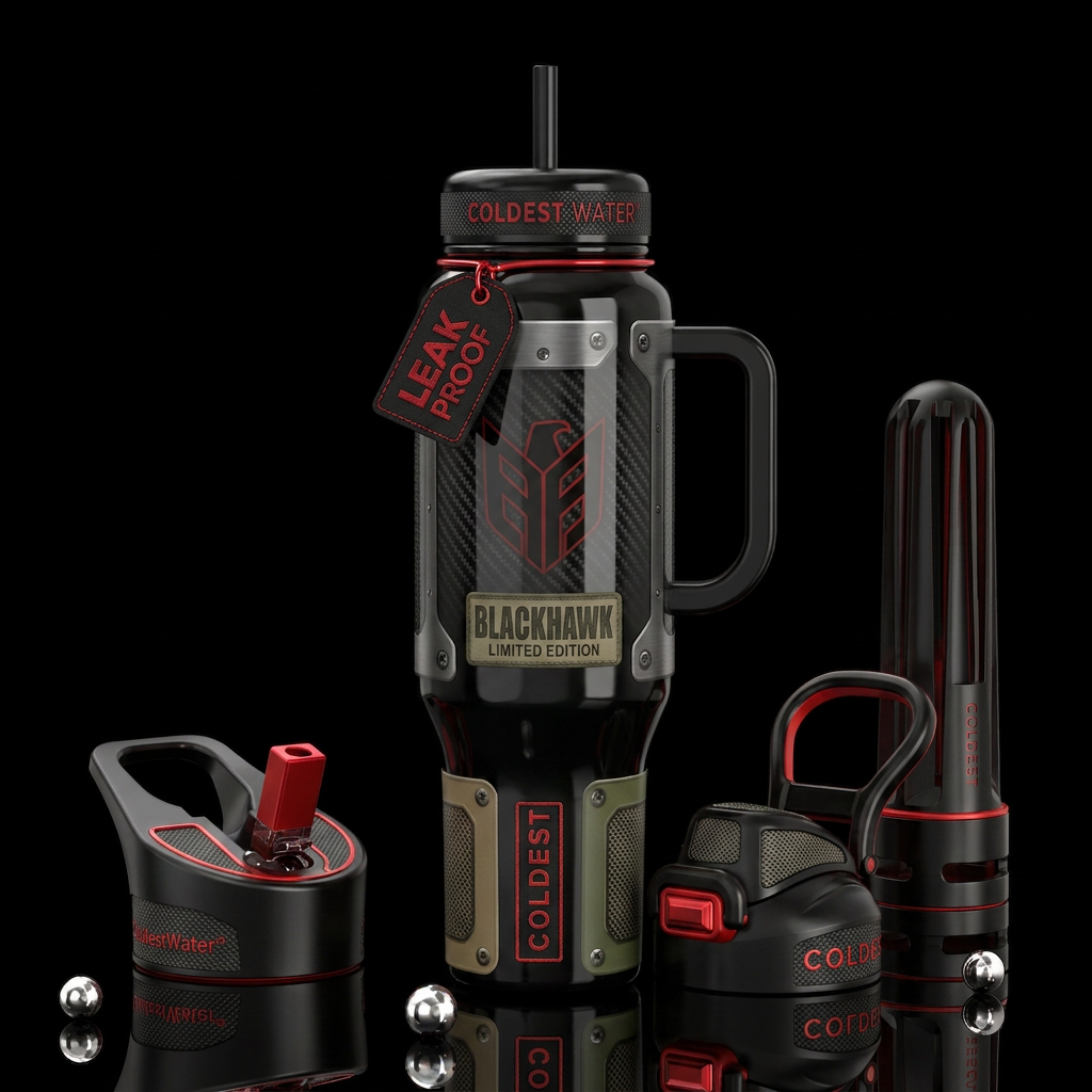 Blackhawk, glossy, trompe-l'œil, beautiferous water bottle design