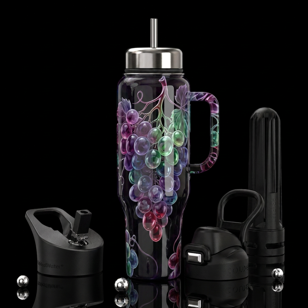 Ghost grapes, glossy, trompe-l'œil,beautiferous water bottle design