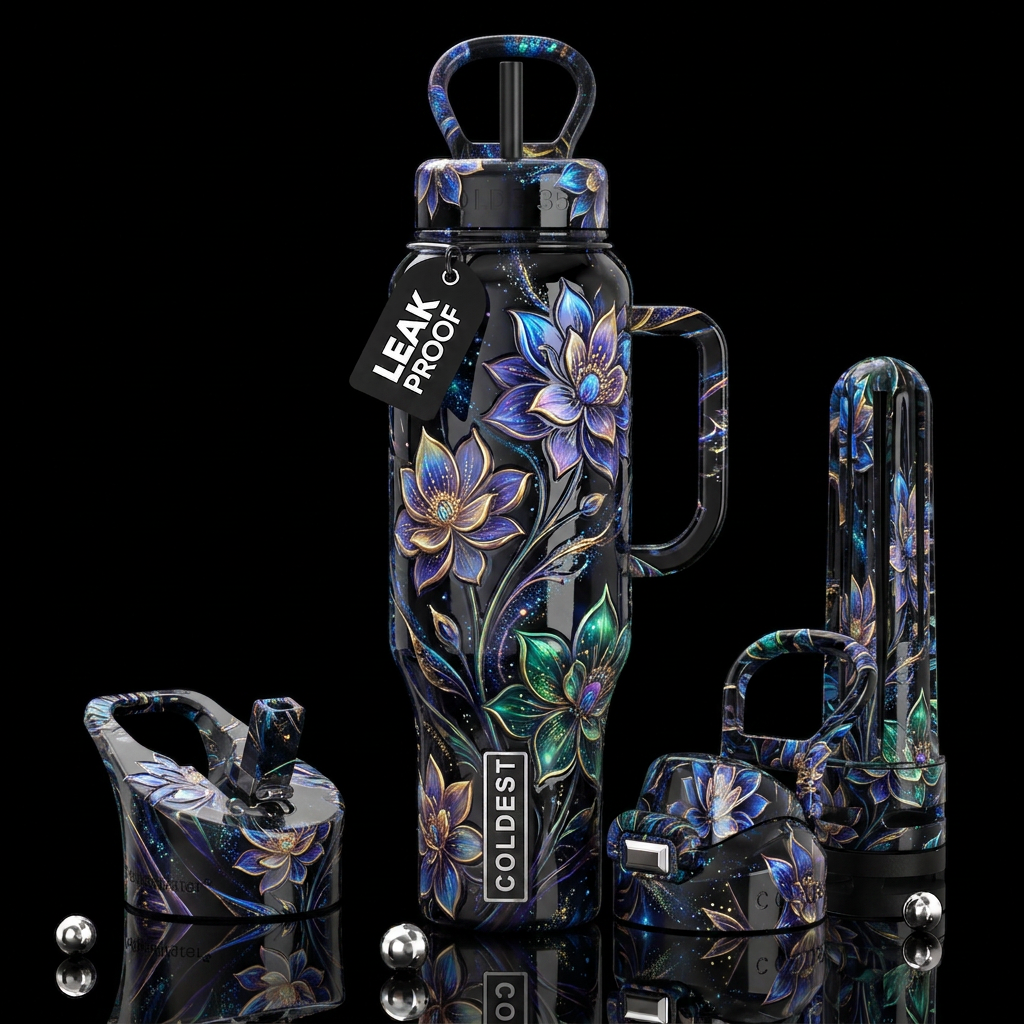 Neutrino flowers, glossy, trompe-l'œil,beautiferou... water bottle design