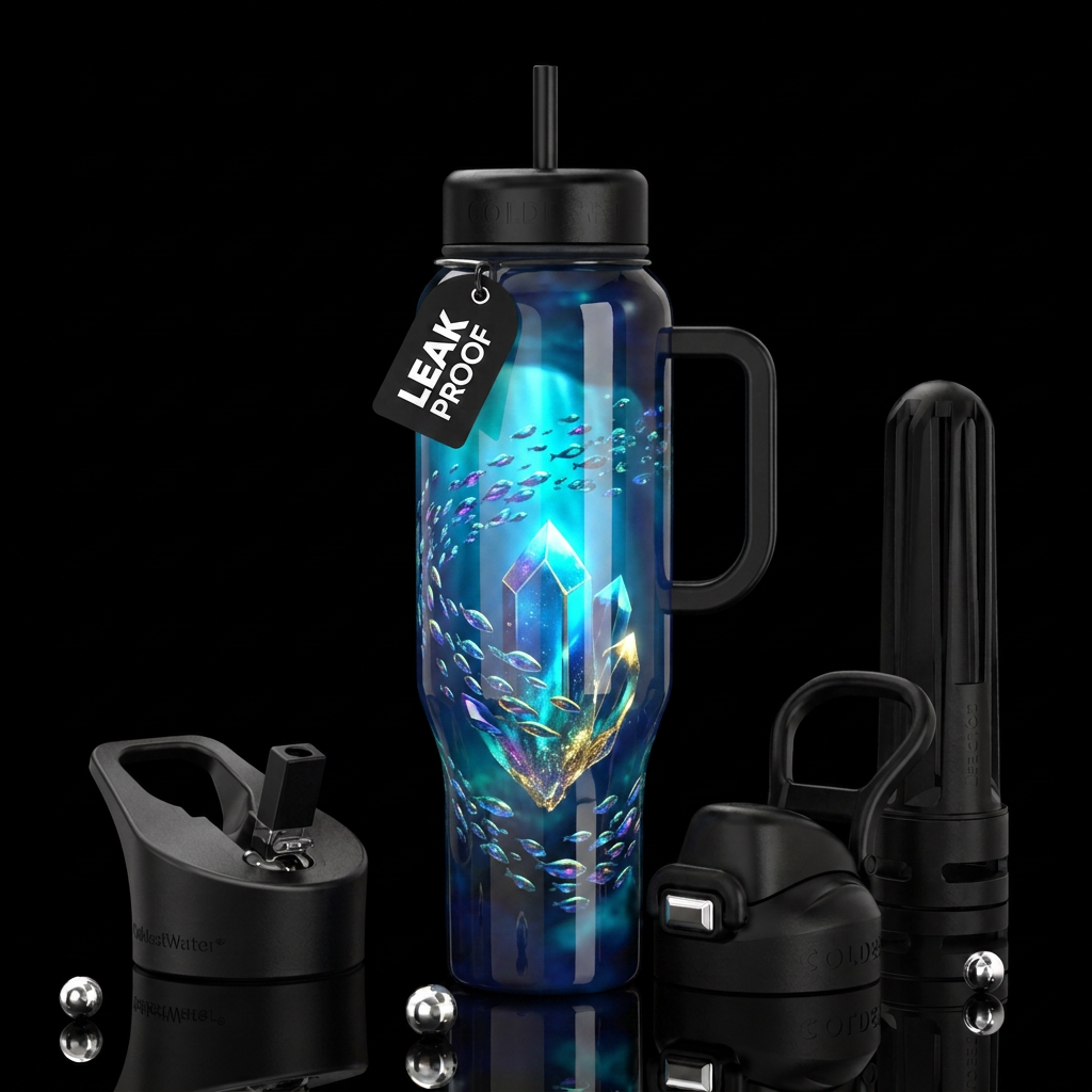 Neutrino sea, glossy, trompe-l'œil,beautiferous water bottle design