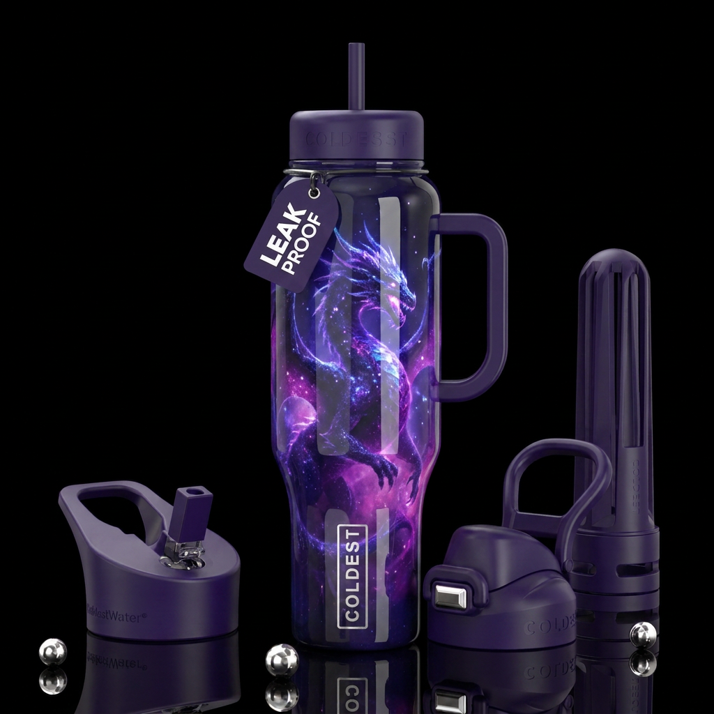Neutrino dragon, glossy, trompe-l'œil,beautiferous water bottle design