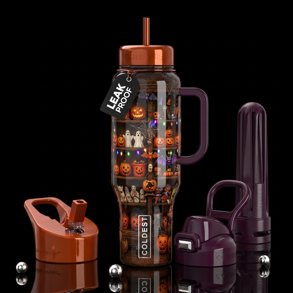 Gift shop during Halloween, glossy, trompe-l'œil,b... water bottle design