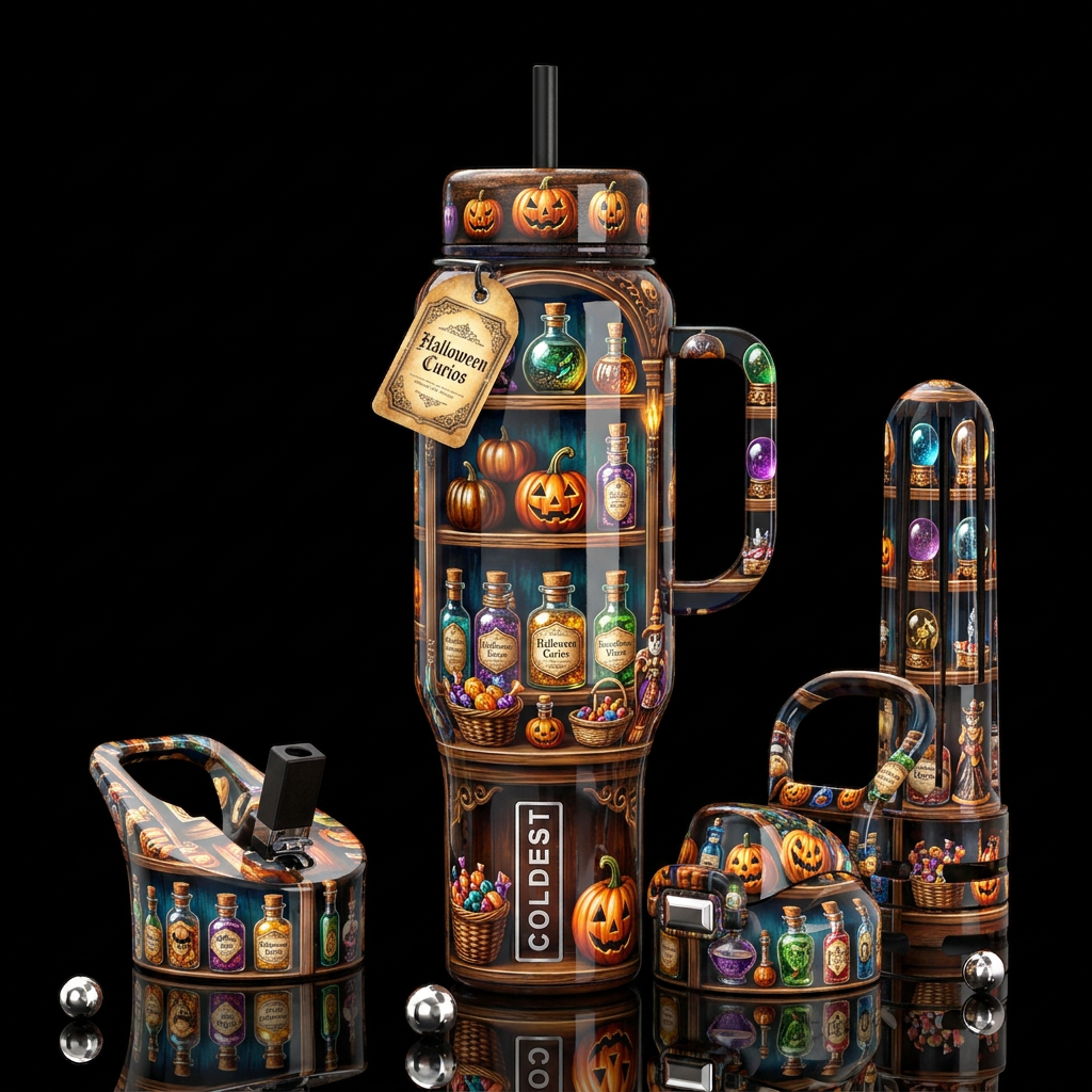Gift shop during Halloween, glossy, trompe-l'œil,b... water bottle design