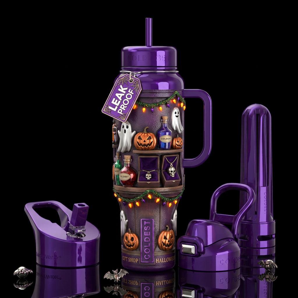 Gift shop during Halloween, glossy, trompe-l'œil,b... water bottle design
