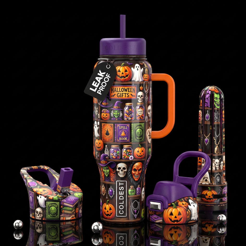 Gift shop during Halloween, glossy, trompe-l'œil,b... water bottle design