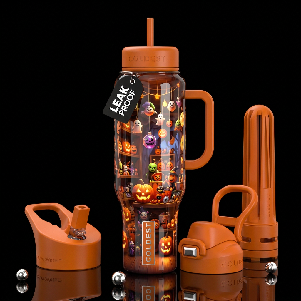 Gift shop during Halloween, glossy, trompe-l'œil,b... water bottle design