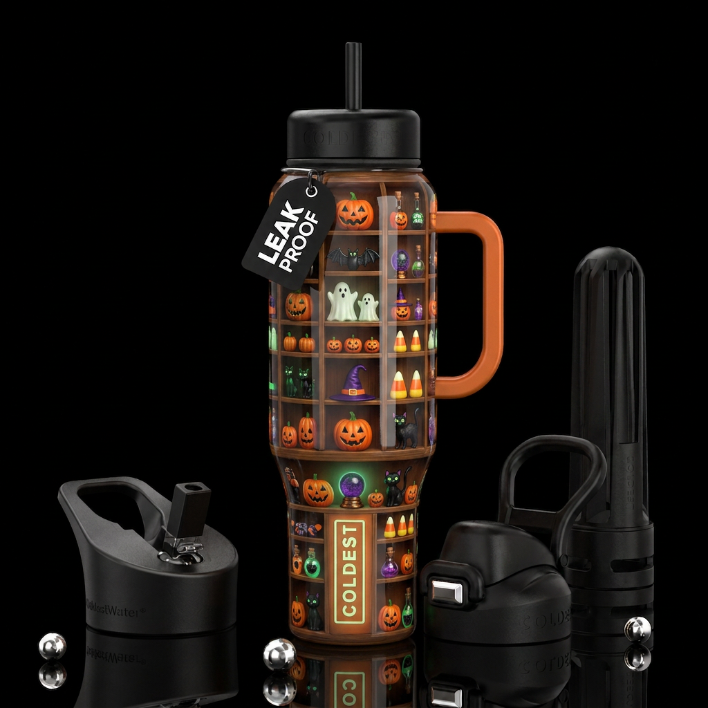 Gift shop during Halloween, glossy, trompe-l'œil,b... water bottle design