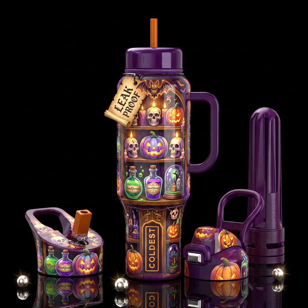Gift shop during Halloween, glossy, trompe-l'œil,b... water bottle design