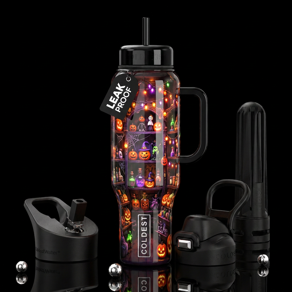 Gift shop during Halloween, glossy, trompe-l'œil,b... water bottle design