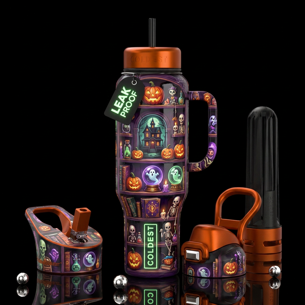 Haunted Gift shop during Halloween, glossy, trompe... water bottle design