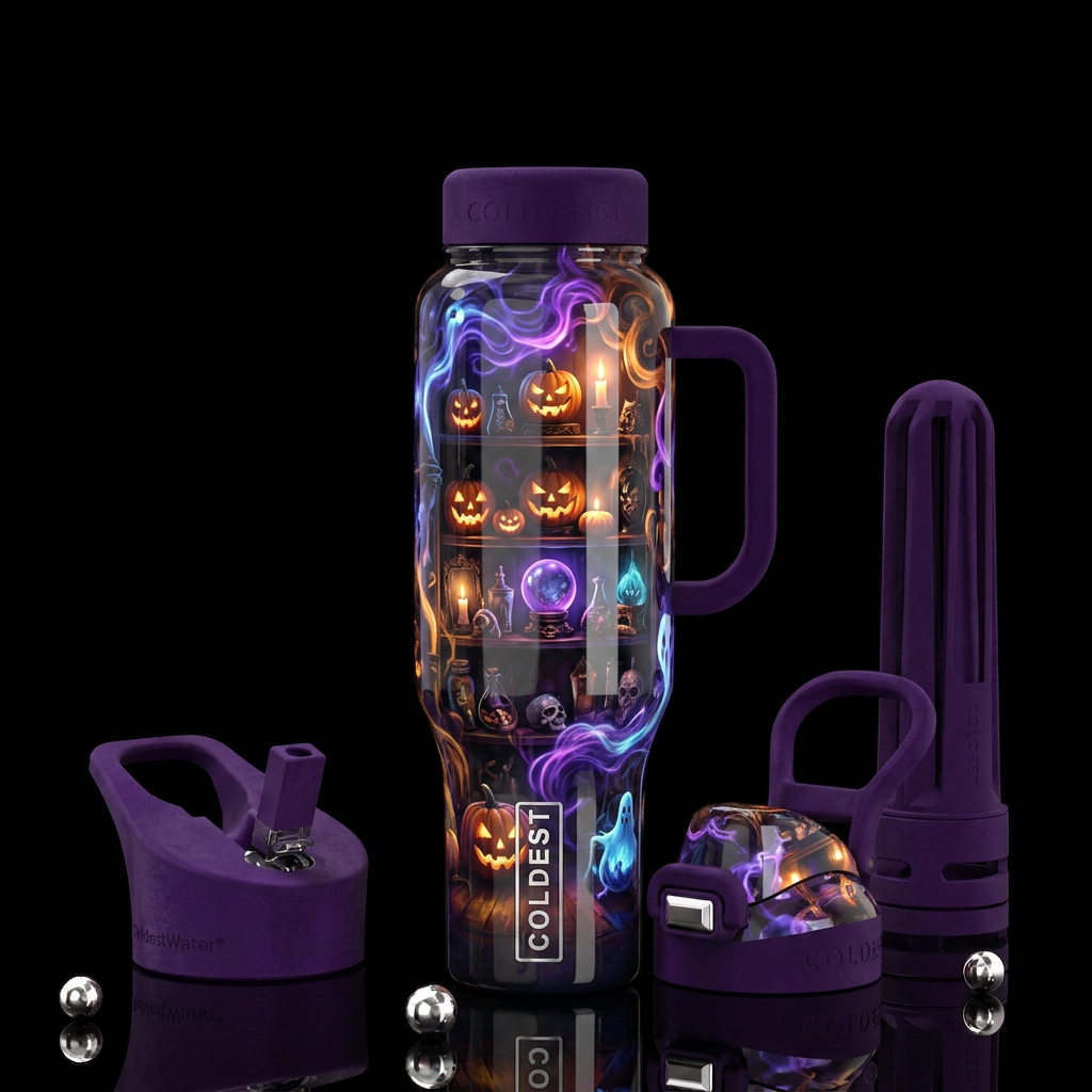 Haunted Gift shop during Halloween, glossy, trompe... water bottle design