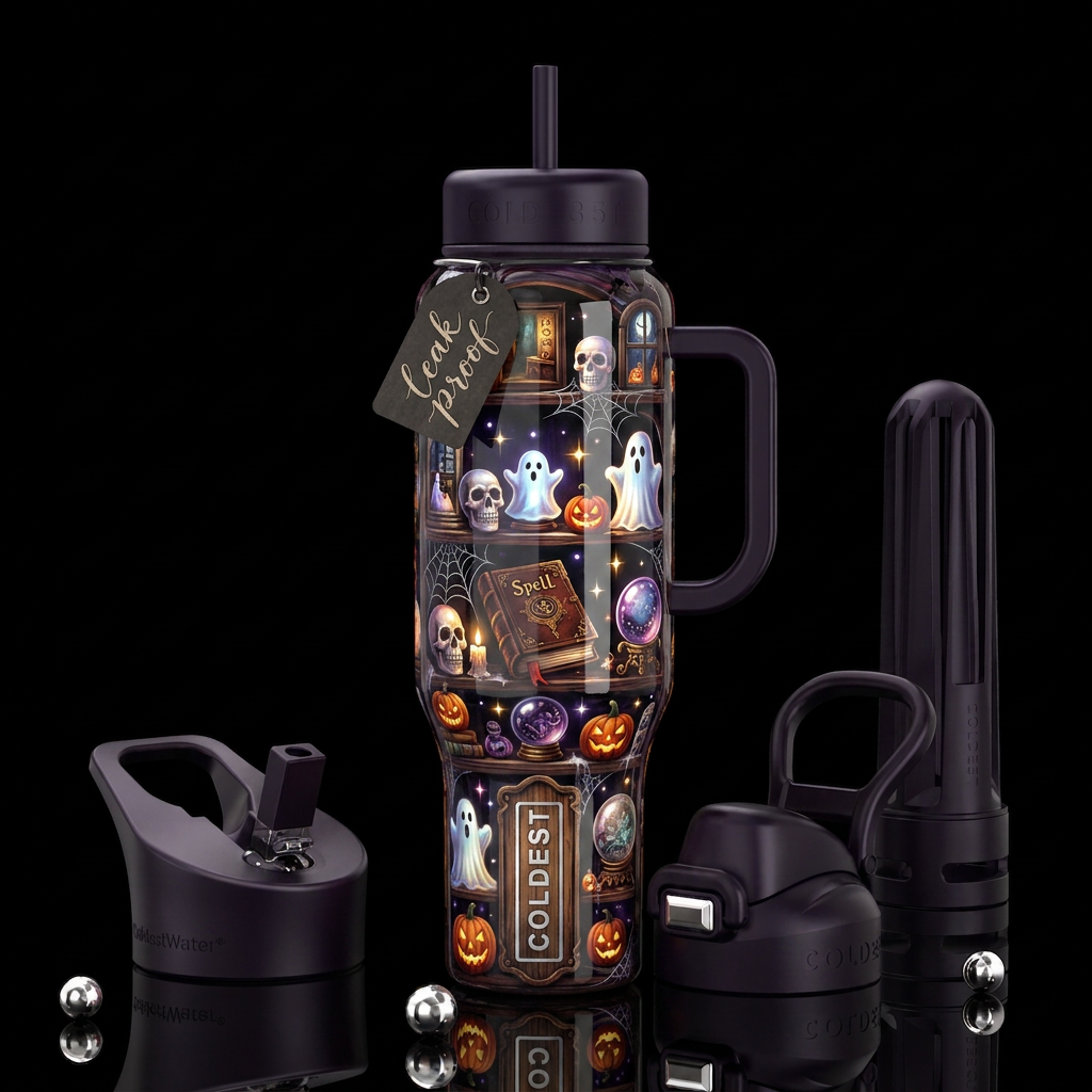 Haunted Gift shop during Halloween, glossy, trompe... water bottle design