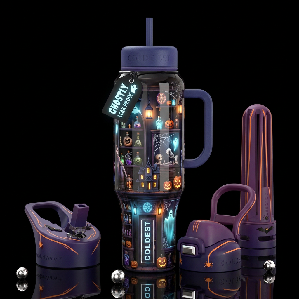 Haunted Gift shop during Halloween, glossy, trompe... water bottle design