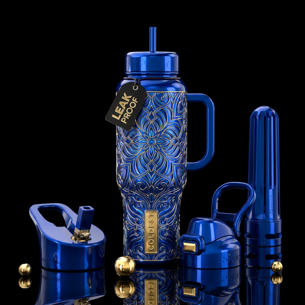 Blue line, badge, glossy, trompe-l'œil, beautifero... water bottle design