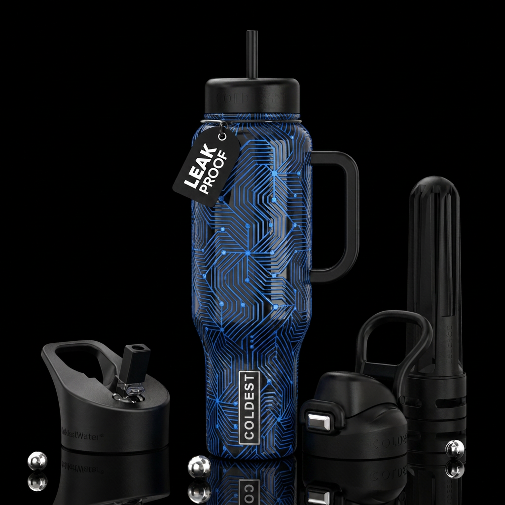 Blue lines badge, glossy, trompe-l'œil, beautifero... water bottle design
