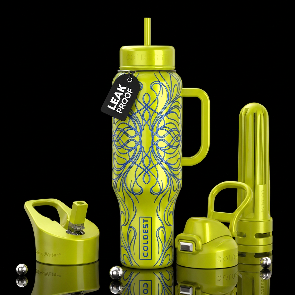 Blue lines chartreuse, glossy, trompe-l'œil, beaut... water bottle design