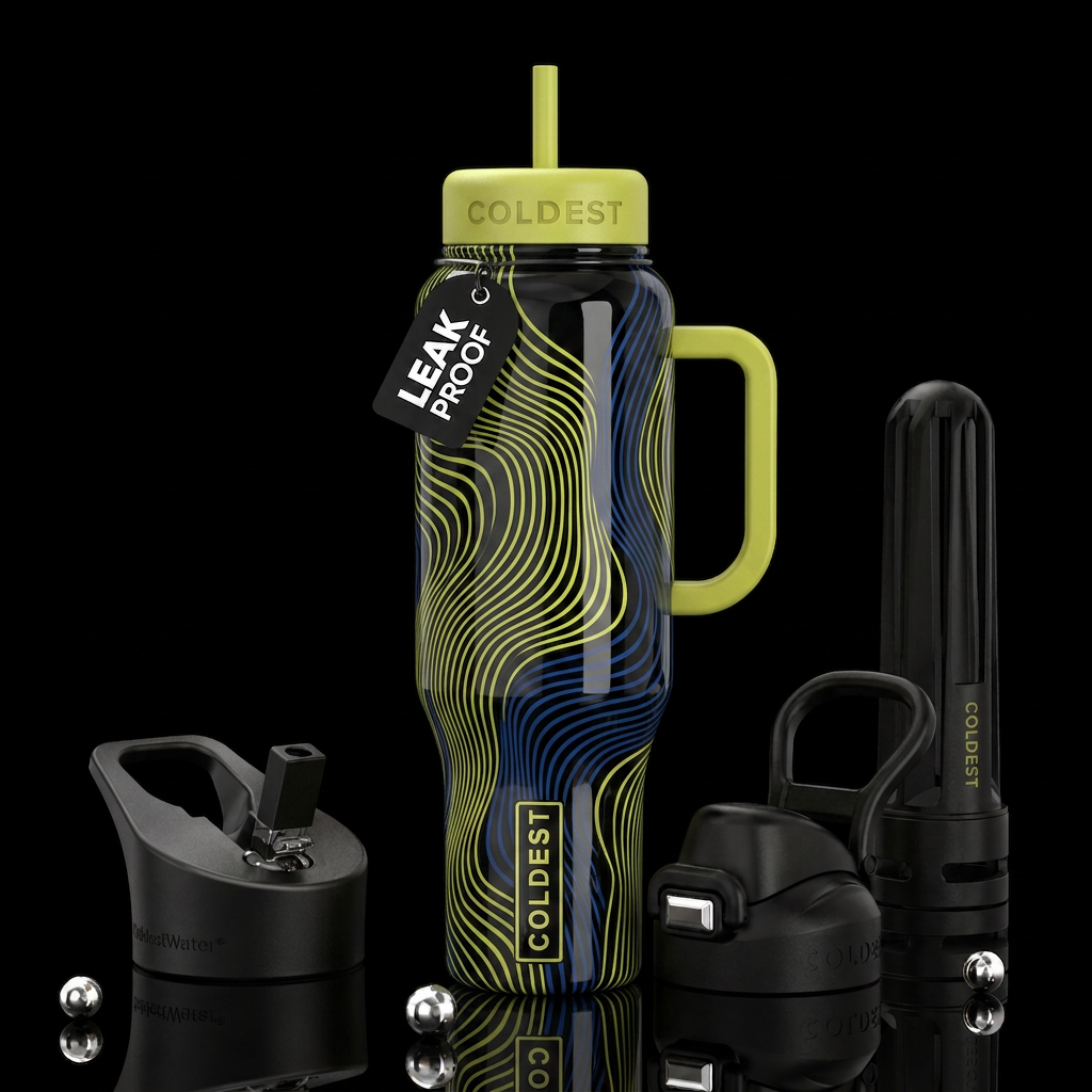 Blue lines chartreuse, glossy, trompe-l'œil, beaut... water bottle design