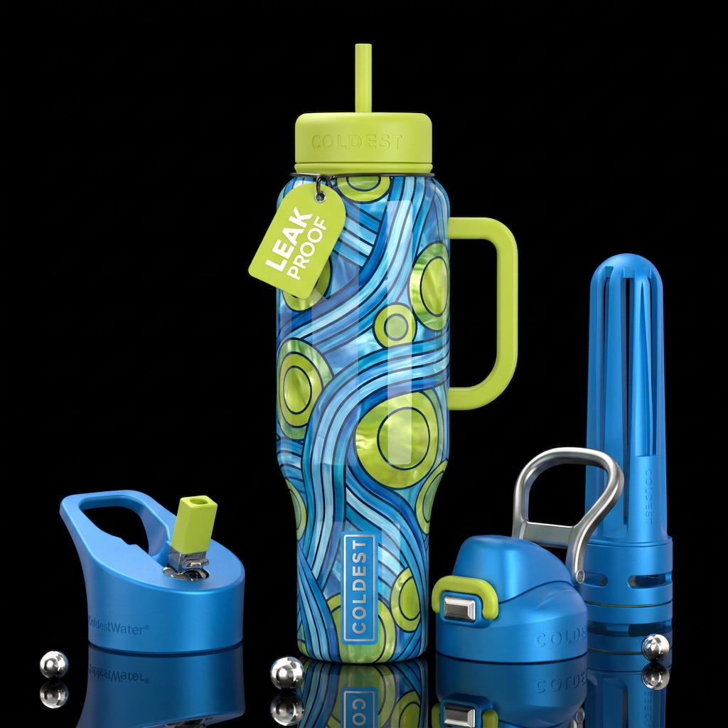 Blue lines, chartreuse circles, glossy, trompe-l'œ... water bottle design