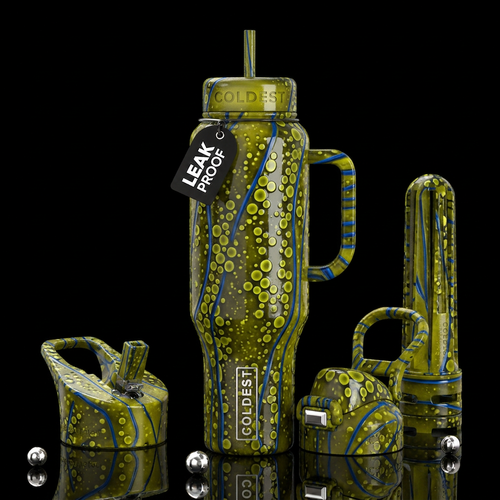 Blue lines, chartreuse circles, glossy, trompe-l'œ... water bottle design