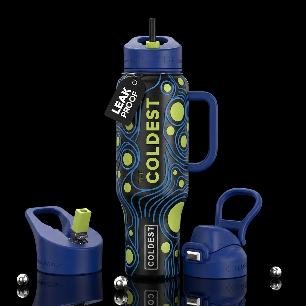 Blue lines, chartreuse circles, glossy, trompe-l'œ... water bottle design