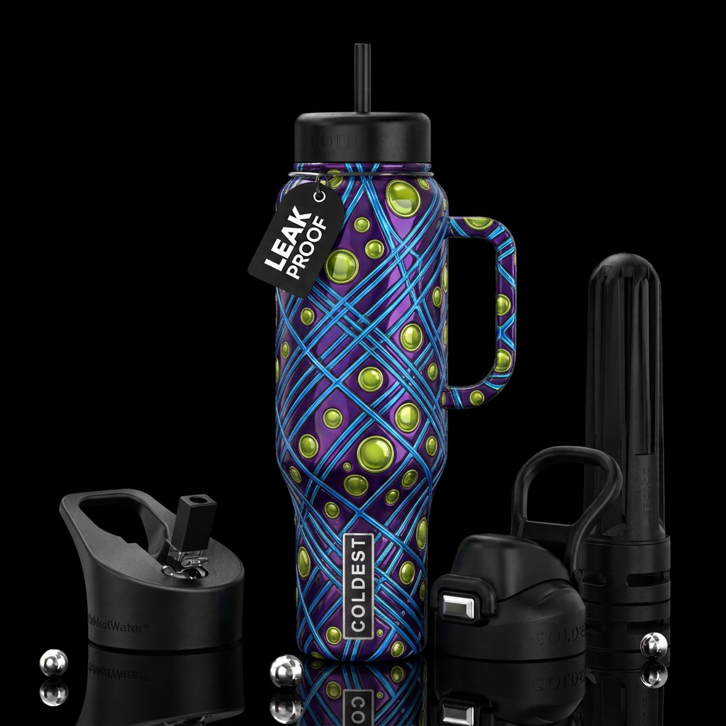 Blue lines, chartreuse circles,purple, glossy, tro... water bottle design