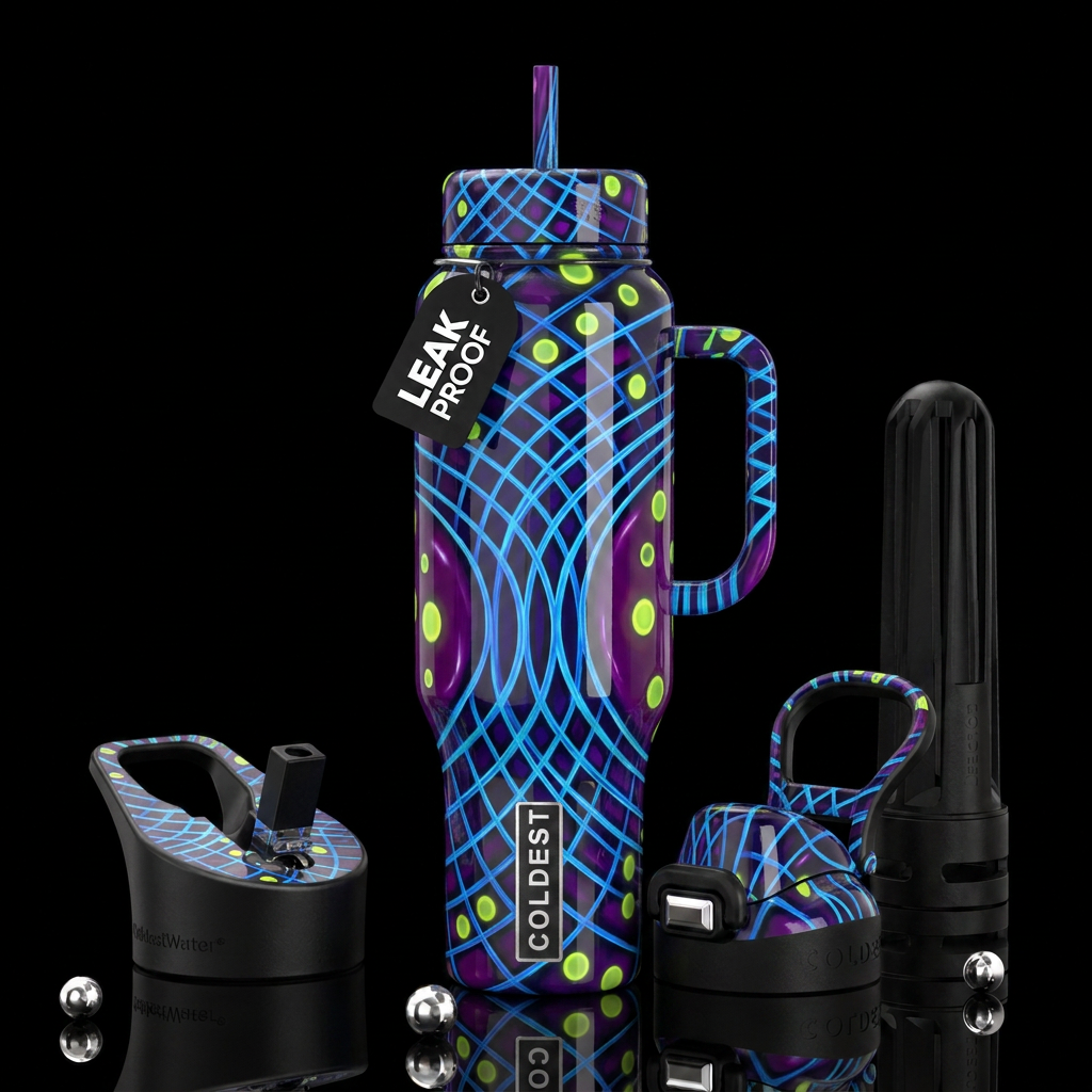 Blue lines, chartreuse circles,purple, glossy, tro... water bottle design