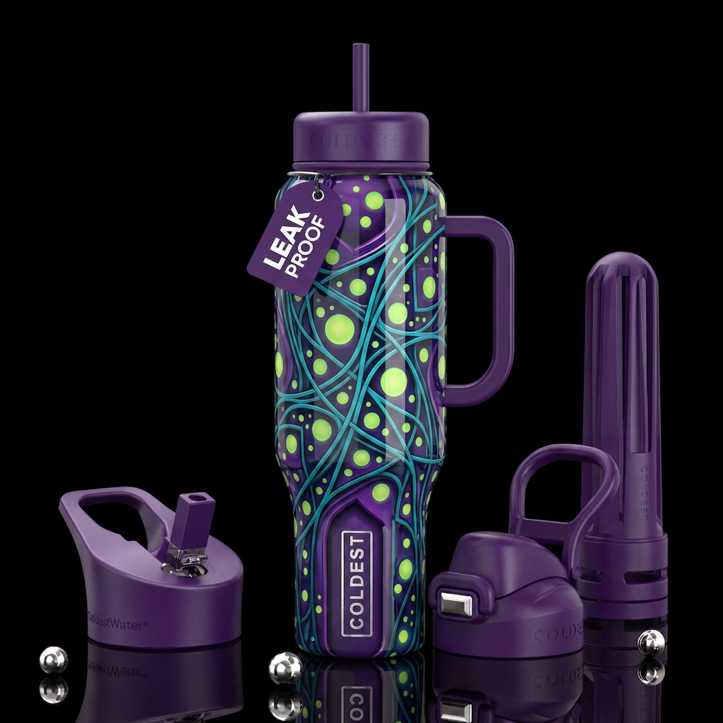 Blue lines, chartreuse circles,purple, glossy, tro... water bottle design