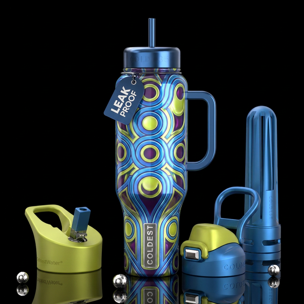 Blue lines, chartreuse circles,purple, glossy, tro... water bottle design