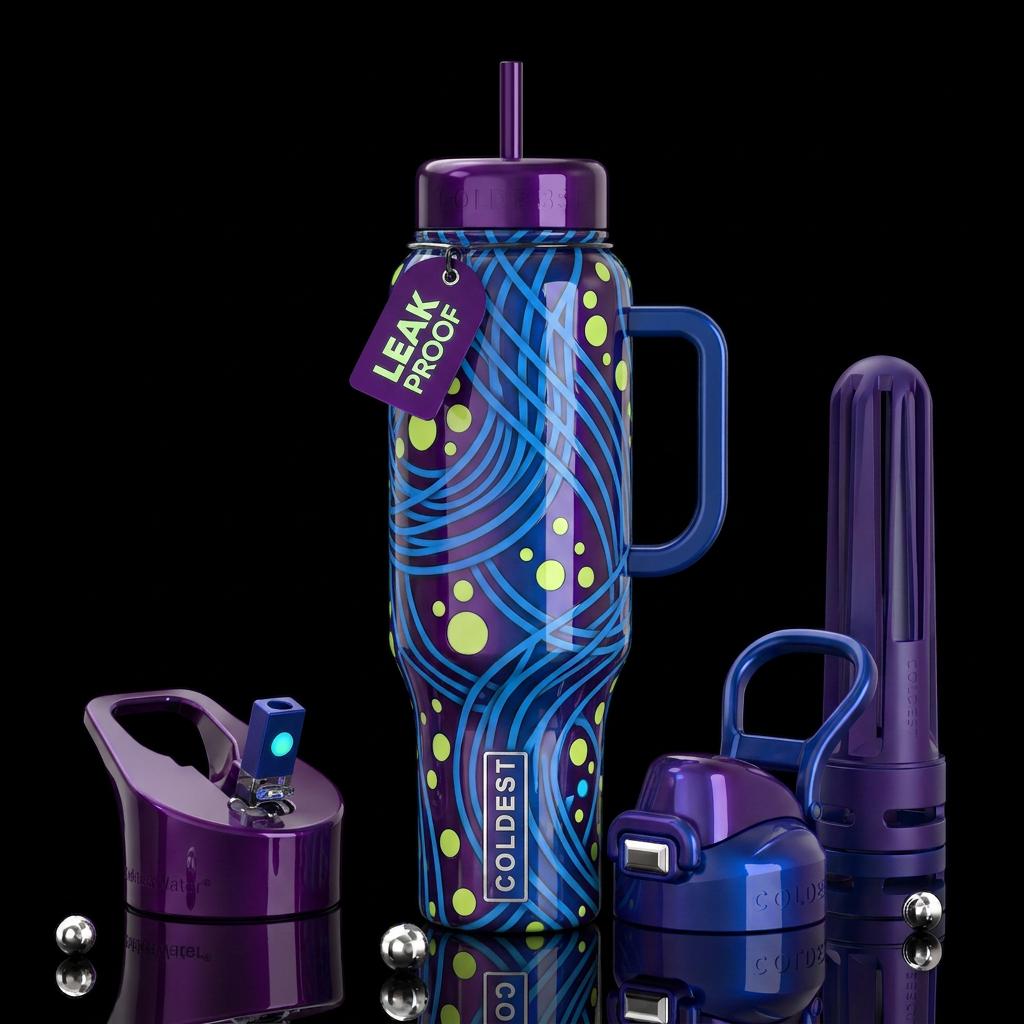 Blue lines, chartreuse circles,purple, glossy, tro... water bottle design
