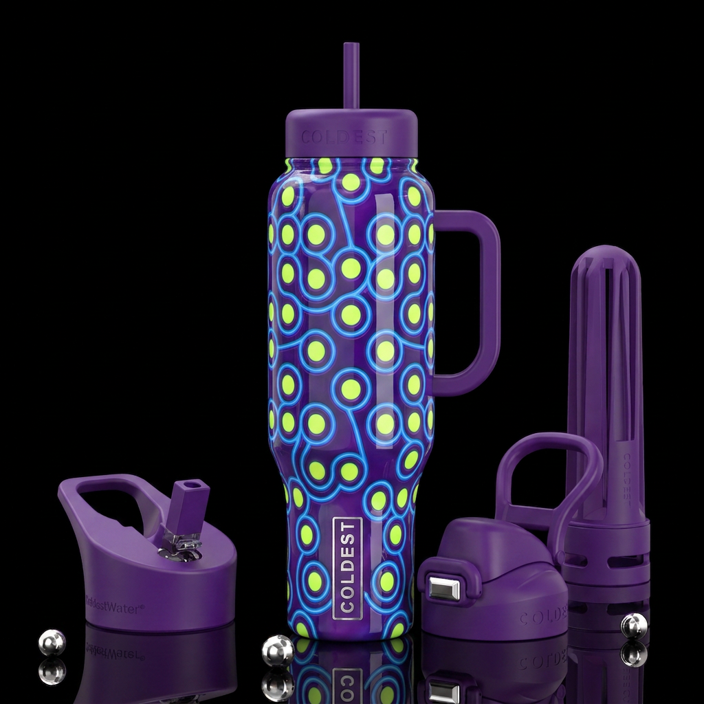 Blue lines, chartreuse circles,purple, glossy, tro... water bottle design