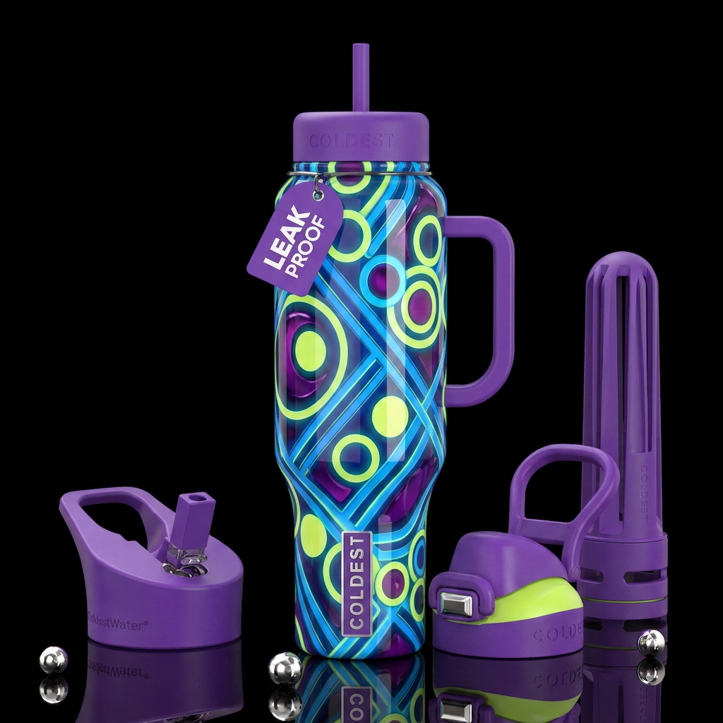 Blue lines, chartreuse circles,purple, glossy, tro... water bottle design