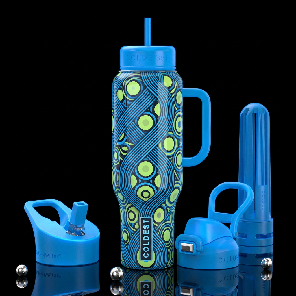 Blue lines, chartreuse circles,, glossy, trompe-l'... water bottle design