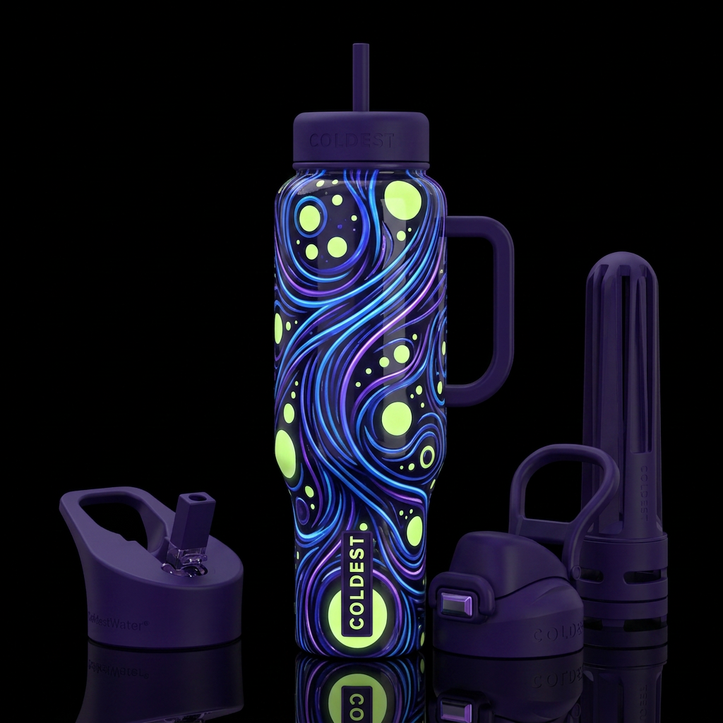 Blue and purple lines, chartreuse circles,, glossy... water bottle design