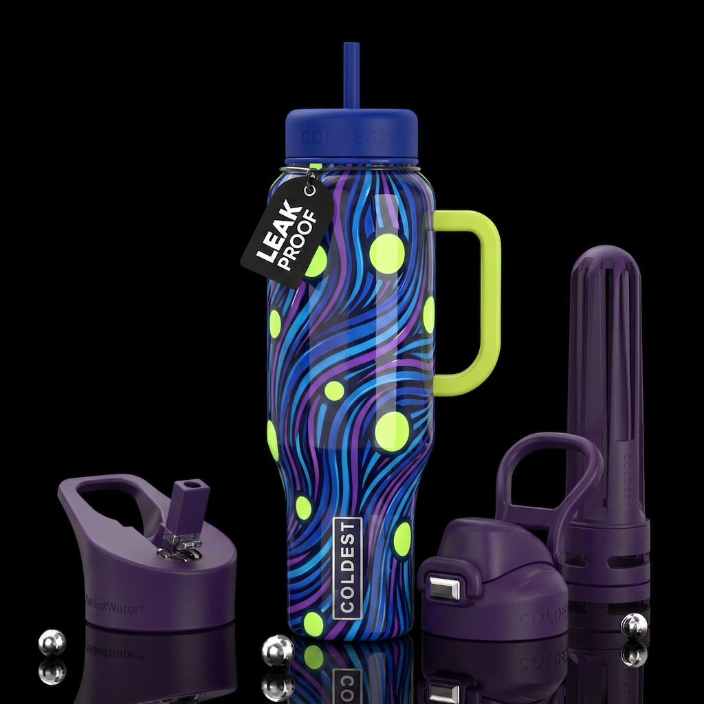 Blue and purple lines, chartreuse circles,, glossy... water bottle design