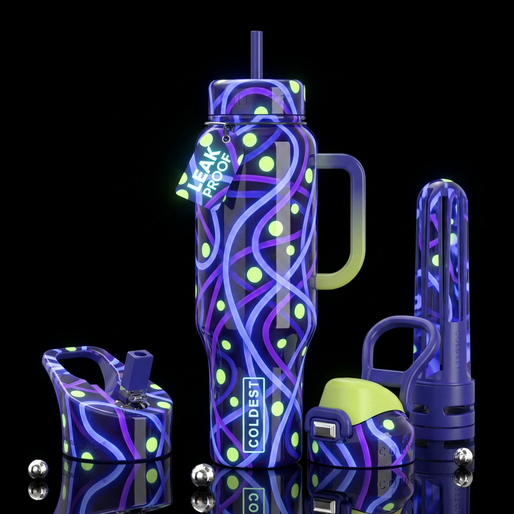 Blue and purple lines, chartreuse circles,, glossy... water bottle design