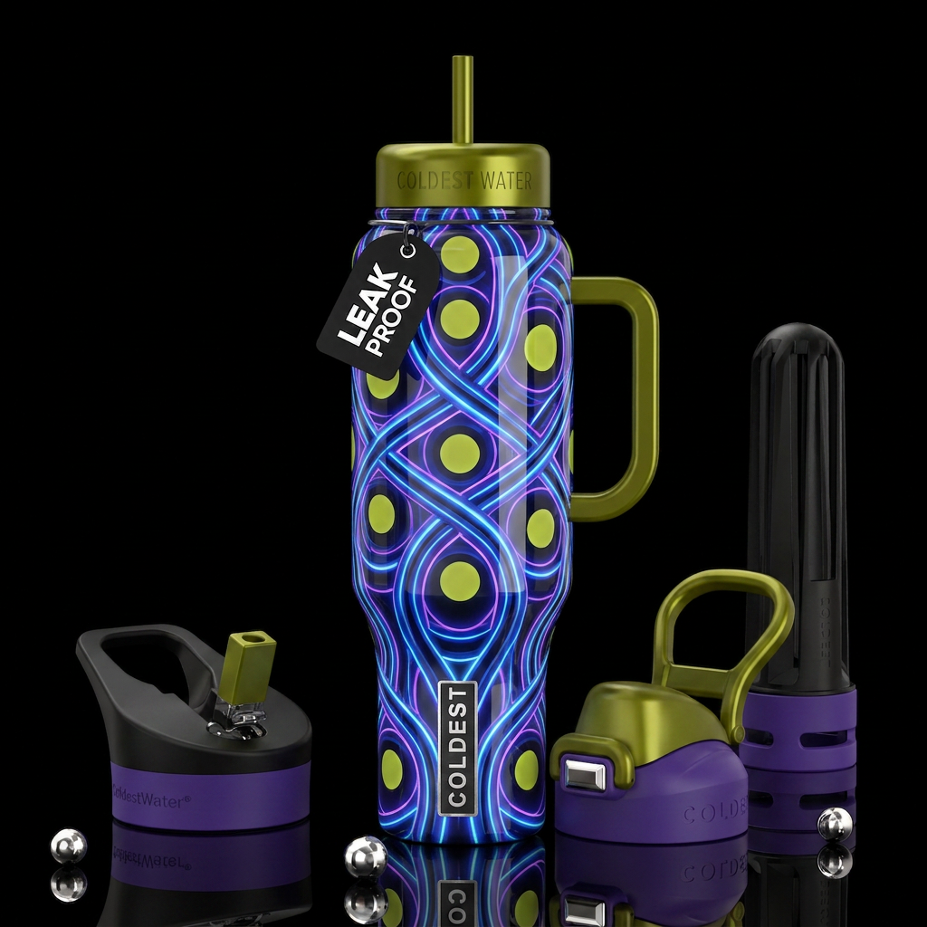 Blue and purple lines, chartreuse circles,, glossy... water bottle design