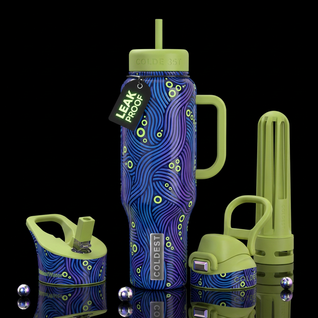 Blue and purple lines, chartreuse circles,, glossy... water bottle design
