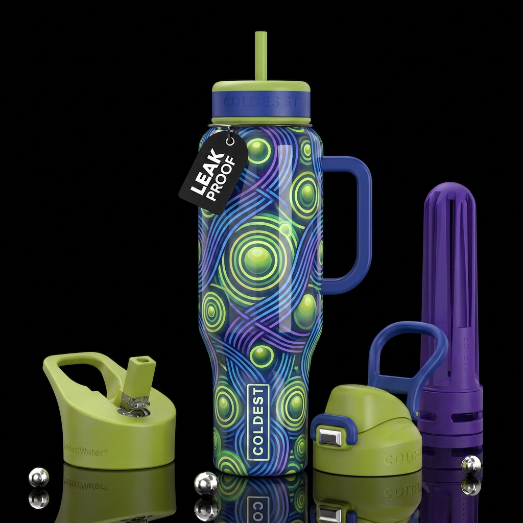 Blue and purple lines, chartreuse and green circle... water bottle design