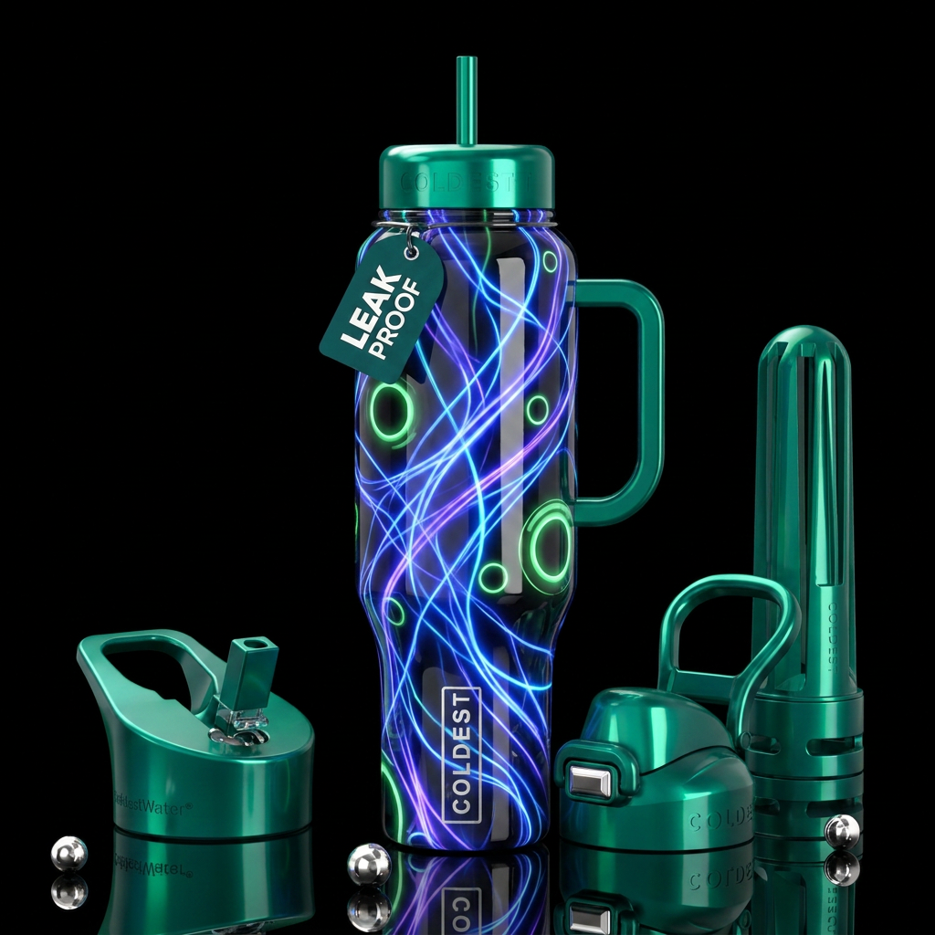 Blue and purple lines,  green circles,, glossy, tr... water bottle design